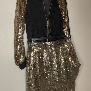 4 Piece Gold and Black Sequin Skirt Set with a Solid Gold Tee.